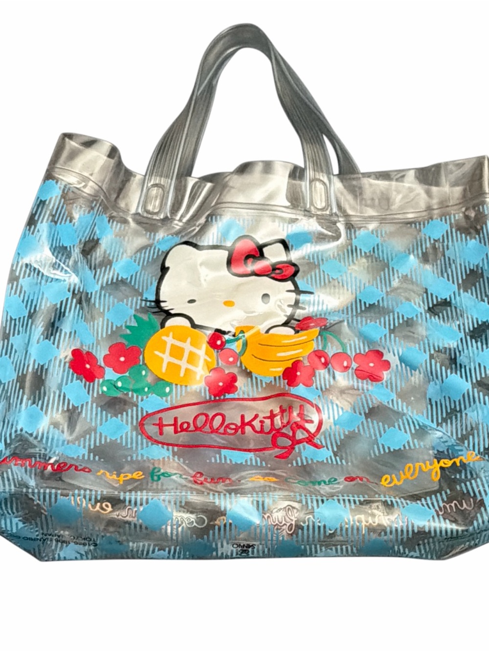 Hello Kitty Clear Blue Plaid Mini Tote with Red & Yellow Accents Vintage Fruit
